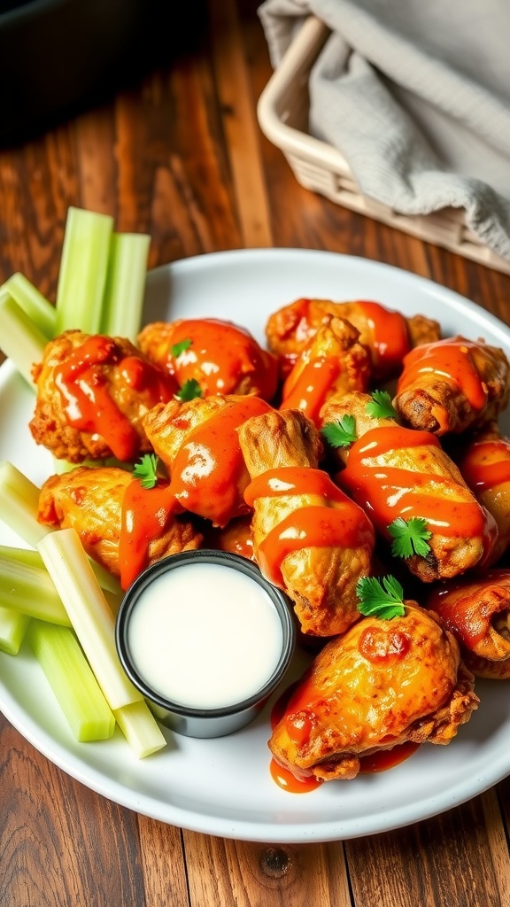 Crispy air fryer chicken wings with buffalo sauce and ranch dressing, garnished with parsley on a wooden table.